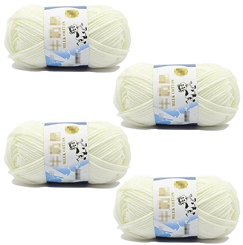 4 Rolls Cotton Blend Milk Yarn Fabric Wool Crochet Knitting Supplies Acrylic Crochet Yarn Soft Crochet Blend Milk Cotton Yarn Plain Knitting Wool for Handcrafts Jumpers Blankets Weaving (White)