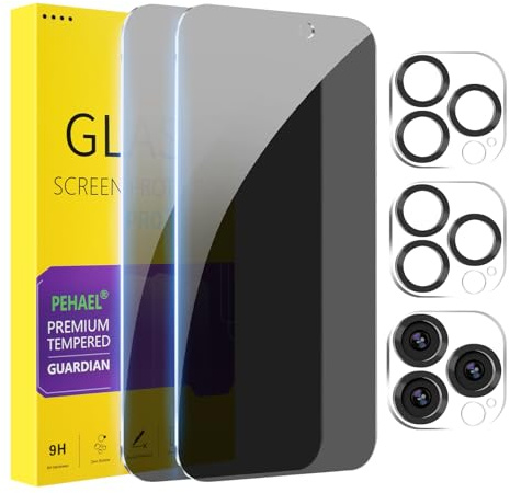 Pehael [2+2 Pack] iPhone 15 Pro Privacy Screen Protector with Camera Lens Protector Full Coverage Anti-Spy Tempered Glass Film 9H Hardness Upgrade Edge Protection Easy Installation Bubble Free