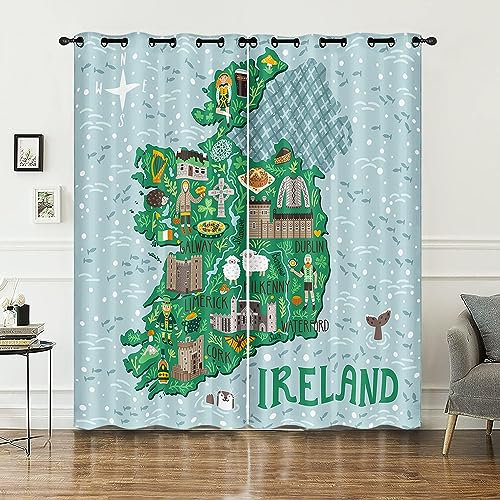 HOSIMA Vorhänge mit Cartoon-Irland-Karte,Ösenvorhänge,Set mit 2 Vorhängen,Cartoon-Irland-Kartendruck,Kinder- und Jugendzimmervorhänge(Cartoon-Irland-Karte M)