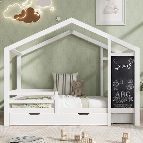 Kinderbett Baumhaus 90 x 200cm mit Zaun Zwei Schubladen und Lattenrost, Kinder Haus Bett mit Speicherung und Rausfallschutz für spielendes Lernen, Weiß
