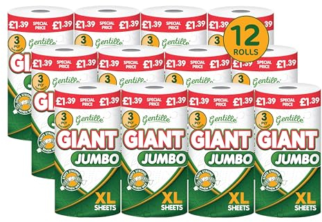Gentille Giant Kitchen Roll Jumbo 3PLY Thickness Towel Durable Paper 12 XL Rolls