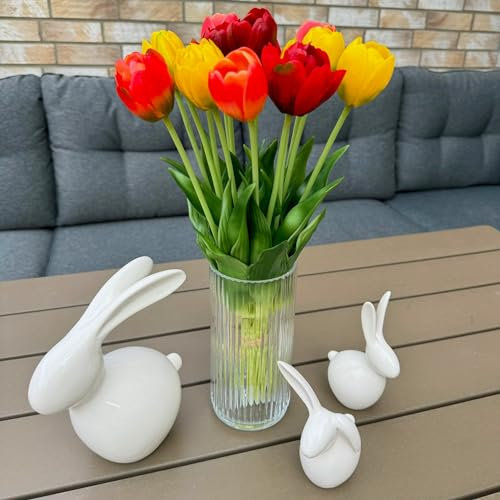 Online Fuchs 15 künstliche Tulpen in Einer Glasvase - REAL-Touch, wie echt - Kunstblumenstrauß - Künstliche Pflanzen, Blumen (Gelb/Rot)