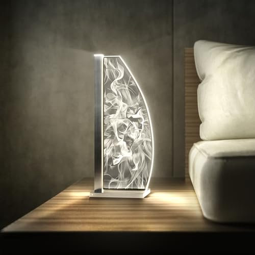 Luverre Tischlampe | LED-Leuchte | Glas-Leuchte mit Gravur für Nachttisch, Kommode, Wohnzimmer | Abstrakt, Geometrie, Kunst (Electra Mystique, Segel | silber)