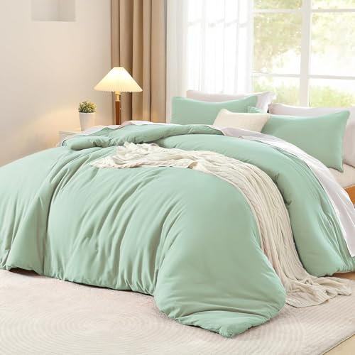 Luofanfei Baumwolle Bettwäsche Grün 135x200 4teilig Einfarbig Muster Renforce Baumwollbettwäsche Premium Uni Modern Weiche Bettbezüge und Kissenbeüge 80x80 cm mit Reißverschluss