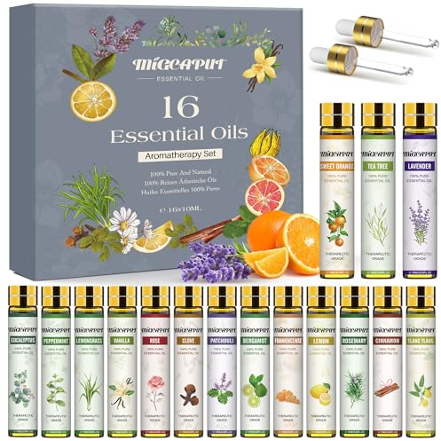 Migcaput Ätherische Öle Set 16X10ml, Naturrein Essential Oils, Aromatherapie Duftöle für Diffuser Luftbefeuchter Kerzen Seifen - Weihrauch, Teebaum, Zitronengras, Pfefferminze, Gewürznelke