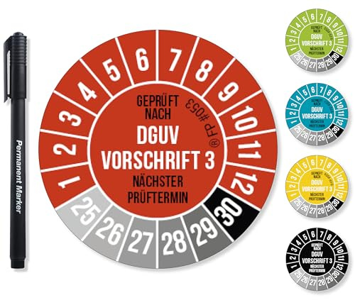 Frank Paperman® 1200x DGUV V3 Prüfplaketten rot 20 mm Durchmesser inkl. Folienstift, Prüfplaketten Nächster Prüftermin, UV-beständig, Hohe Klebkraft, 5 Farben, 2 Größen