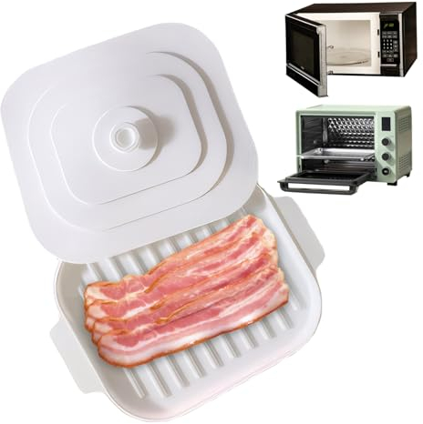 Comebachome Microwave Bacon Cooker, 11x8.2inch Silicone Microwavable Bacon Grill with Lid & Handles, Bacon Tray for Microwave Cooking