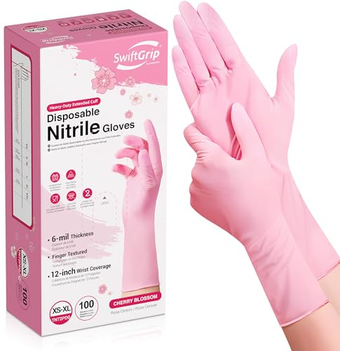 SwiftGrip Disposable Nitrile Dishwashing Gloves, Extended 12 Inches Cuff, 6-mil, Medium, Cherry Blossom Cleaning Gloves for Latex-Free, Ideal for Cooking, Hair Dye, Spa (Box of 100)