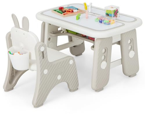 GYMAX Kids Table and Chair Set, Children Activity Table with Chair, Flip-Top Tabletop, Erasable Magnetic Drawing Board & Storage Shelf/Box, Height Adjustable Toddler Art Table Set for Boys Girls