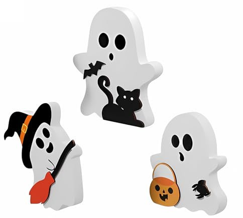 SoeUyd 3 Pezzi Ornamenti in Legno di Halloween, Halloween Decorazioni Vassoio per Ornamenti Da Modellare con I Fantasmi per Decorazioni Festa, Da Modellare per la Tavola di Halloween, Feste, Cene