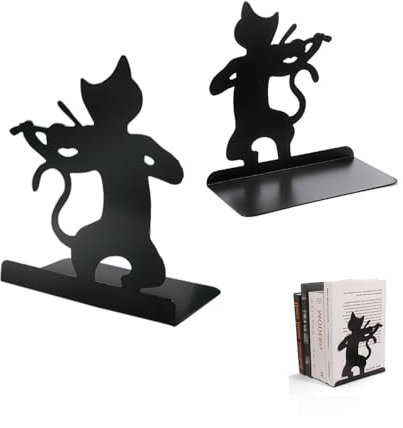 1 Paires Cale Livre Etagere Antidérapant, Serre-Livres en Métal en Forme De Chat Mignon, Serre-Livres Décoratifs, pour Étagère, Bureau, Bibliothèque, Maison Et École (135 x 95 x 160 mm, Noir)