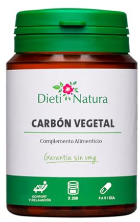 Carbón Vegetal Activado Dieti Natura - 200 Cápsulas para Alivio Natural del Malestar Digestivo - Reduce Gases, Toxinas y Flatulencia en 7 Días - Complemento alimenticio natural