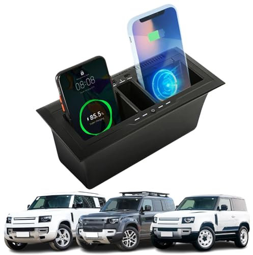 GQQSXZNTD Chargeur Voiture sans Fil Double pour Land Rover Defender 90 110 130 2020-2024, Nouvelles Améliorations Intérieures, Chargeur Téléphone Rapide 15W avec USB 27W et Type-C pour Smartphone Qi