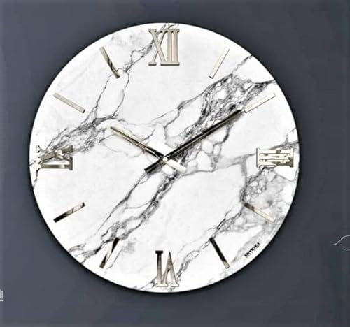 Orologio da Parete, Soggiorno, Cucina, Moderno,Effetto marmo, Base legno, Lavorazione a resina, Numeri a rilievo, Diametro disponibile 40/60/80/100 cm, Made in Italy (Carrara Argento, 40 cm.)