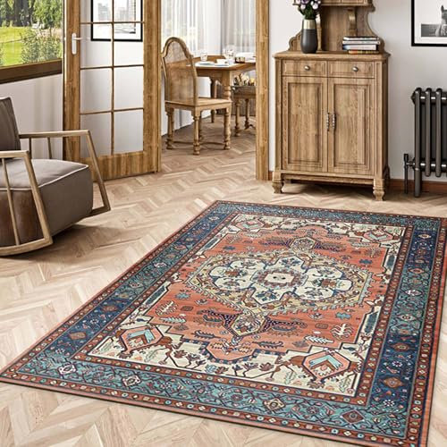 YFHT Groß Teppich Wohnzimmer, Waschbarer Kurzflor Schlafzimmer Teppich, rutschfest Weich Orientalischer Vintage Teppich für Esszimmer Bettvorleger,Rot b,200×300cm