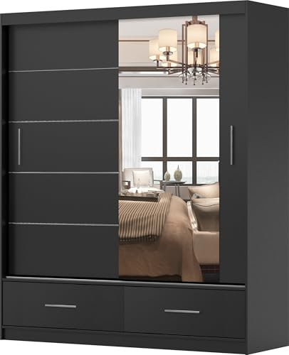 Easy4You Florence Schwarz Schiebetürenschrank Glänzend Kleiderschrank 150x218x61 cm mit Spiegel - Schlafzimmermöbel, Aufbewahrung – Mehrzweckschrank mit 2 Schubladen und 2 Kleiderstangen