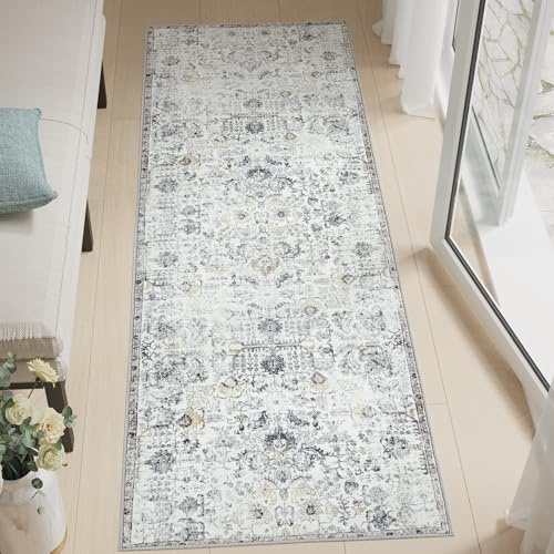 TOPICK Läufer Flur Waschbar Küche Läufer Kurzflor Retro Grau Blume Orientalischer Teppich 60x180cm Antibakterieller Faltbar rutschfest Teppich für Brücken Schlafzimmer Wohnzimmer Flur Eingangsbereich
