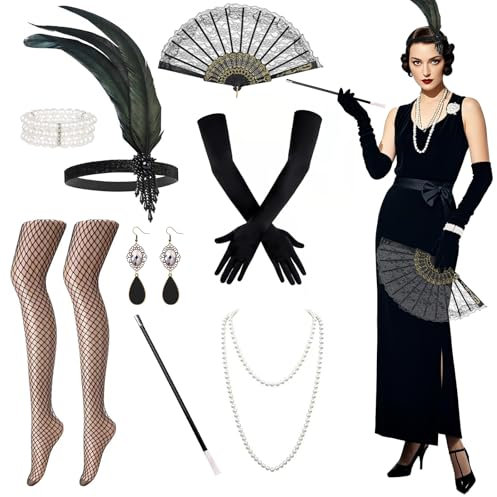 8 Stück 20er Jahre Accessoires, 1920er Jahre Kostüm Accessoires Damen 20er Jahre Zubehör Set mit Stirnband Handschuhen Spitze Faltfächer Halskette Armband Ohrringen Strümpfe für Karneval Mottoparty