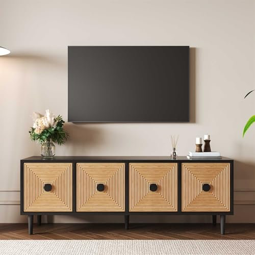 WASAGA Meuble TV Noir Moderne, Meuble Bas en Bambou Meuble TV avec Espace de Rangement 150 X 38 X 55 cm (Noir+ Couleur Bois)