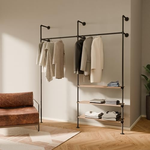 pamo Kleiderstange Wandmontage 240 kg Traglast - offener Kleiderschrank industrial schwarz aus Metall Wasserrohren mit Böden aus massiver Eiche