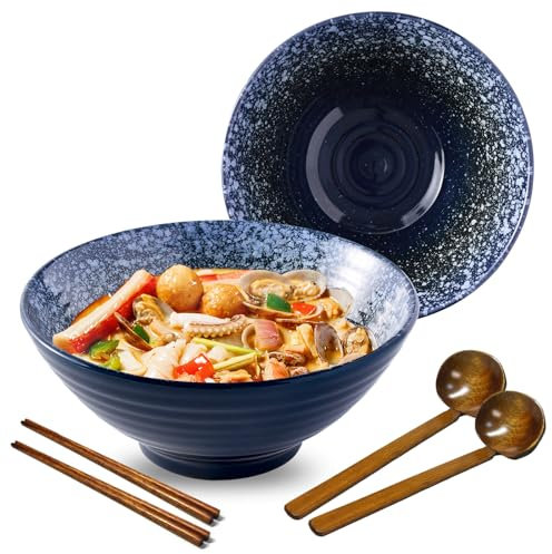 Ramen Schüssel Keramik Set, 2×950ml Japanisches Geschirr mit Essstäbchen und Löffel, Premium Großer Pastaschüsseln, Suppenschalen, Salatschüsseln für Pho Ramen
