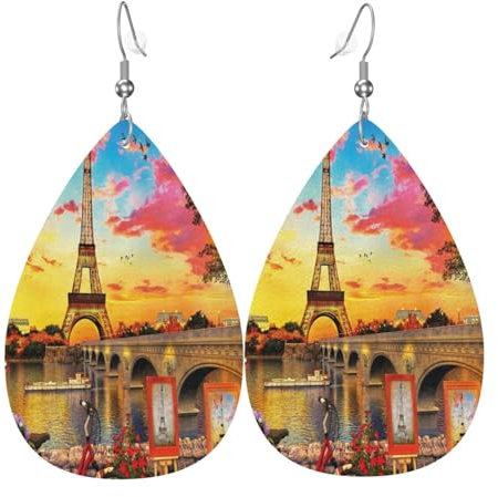1 Paar Wassertropfen-Leder-Ohrring für Damen, Eiffelturm, Paris-Druck, Leder-Ohrringhaken, geeignet für Party, Alltag, Waterdrop Leather Earring