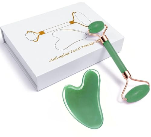 Gua Sha steine gesichts Jade Stein Herzform Guasha Board Kratz-Massage Tool für Gesicht, Augen, Hals zur Hautpflege (Grün Roller And Gua Sha)
