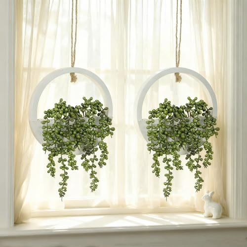 PlusFive Lot de 2 plantes succulentes artificielles à suspendre avec guirlande lumineuse LED, fausses plantes à suspendre avec pot pour décoration murale de salle de bain, décoration d'intérieur et