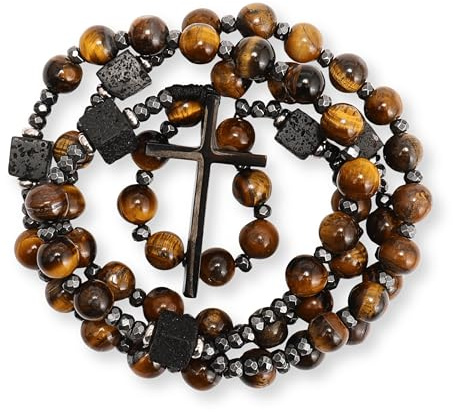 Nazareth Store Herren-Rosenkranz-Halskette, schwarzer Onyx oder Tigerauge, Perlen mit schwarzem Legierungskreuz, katholischer, christlicher, religiöser Schmuck, Geschenk für Ihn
