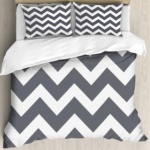 MJNLYDAO Bedding duvet set Reversible soft print set Hypoallergenic glue cover Bedding kit with 2 pillowcases,Grey,Grey and White Chevron Pattern Classic Geometrical Horizontal Zig Zag,178x208cm