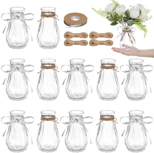 12 Pcs Plastic Bud Vases, Clear Hydroponic Vases with Jute Twines & Wrapping Ribbon, Bulk Flower Vase for Centerpieces, Plant Containers for Flower Arrangement and Decoration