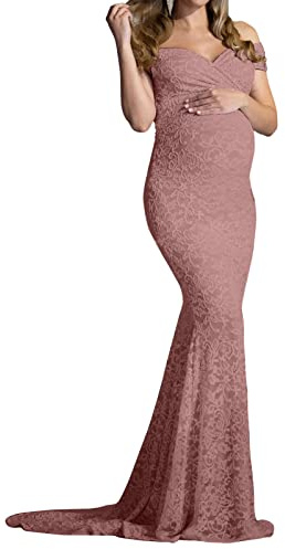 Vestito Premaman Shooting Photo Elegante Allenamento Lungo Abiti Donne In Gravidanza Accessori Fotografia Spaccato Frontale Maxi Abito Fuori Spalla per Seance Foto in Chiffon Pizzo Indietro