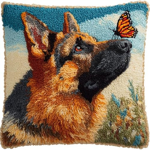 WallustrioaW DIY Cuscini Kit Ricamare Federa per Cuscino,Pastore tedesco e Papillon,Kit di Fodere per Cuscini,Gancio di Chiusura motivo colore,43x43cm