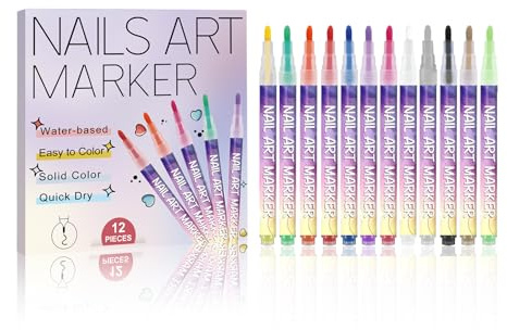 12 Colors Nail Art Pens Set, 0.7mm Fine Tip Nail Art Markers for Gel Nails, Quick-Dry Waterproof Nail Polish Pens for Drawing, Dotting, Liner & 3D Painting, DIY Manicure Decoration Tools (0.7mm)
