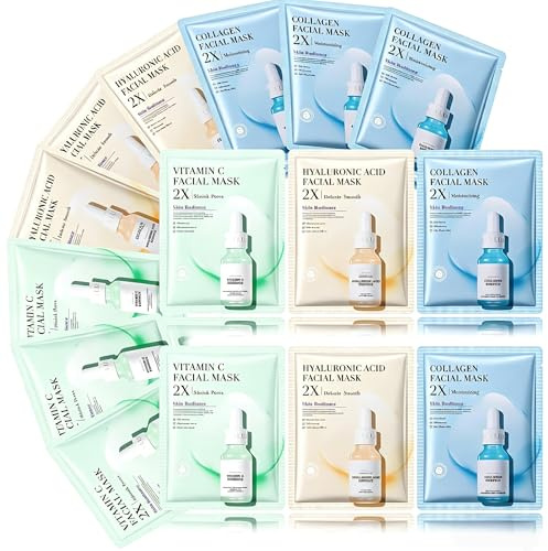 Set de 15 Mascarillas Faciales – Colágeno, Vitamina C & Ácido Hialurónico – Mascarillas de Tela Hidratantes para un Aspecto Luminoso