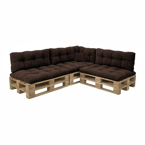 POKAR Palettenkissen 8er Set aus Cordstoff: 3X Sitzkissen 120x80 + 3X Rückenkissen 120x40 + Seitenkissen + Dekokissen | Gesteppte Palettenauflage für Loungemöbel | Oeko-TEX | Made in EU | Braun