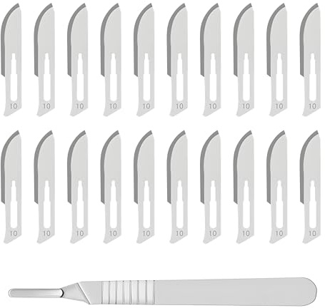 20 Stück Skalpellklingen Nr.10 mit Skalpellhalter Edelstahl Nr.3 steril | Einweg-Klingen aus Karbonstahl, extrem scharfe Schneidekante, einzeln verpackt, geeignet für Basteln Modellbau Hobby