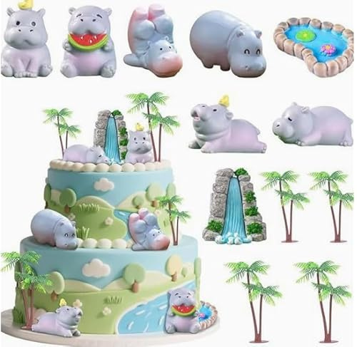 12 Stück Hippo Figuren Kleine Tierdekorationen, Kleine Flusspferd Deko, Resin Flusspferd Kuchen Dekoration, Kleiner Nilpferd Figuren