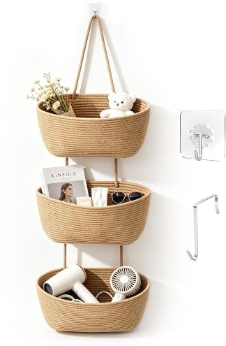 Seivunol 3-Tier Hanging Storage Baskets, Wall Door Organizer | Khaki Cotton Rope Woven, Over Door Back of Door Wall Hanging, for Living Room Bathroom Bedroom, Space Saving Storage Basket