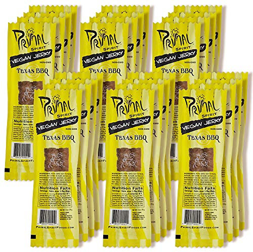 Primal Spirit, Vegan Meatless Jerky Strips - High Energy, High Protein, Non-GMO, 93% Fat-Free Snacks, Vegan Jerky - 28g, Pack of 24 Texas BBQ Flavour