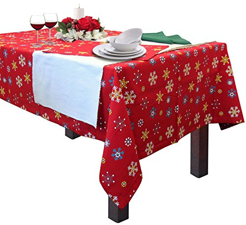 HOMESCAPES Christmas Tablecloth, Rectangular Cotton Xmas Table Cloth, Handcrafted & Durable Festive Snowflake Dining Table Cover with Hem Stitch, Hypoallergenic, Washable, Red White Yellow - 137x178cm