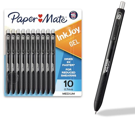 Paper Mate InkJoy Gel Pens, Black, Medium Point (0.7mm), Comfort Grip, 10 Count - Fast Drying Ink, Smooth Writing, Office Supplies