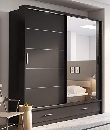 Arthauss Arti 5-2 Sliding Door Mirrored Wardrobe 200cm in Black Matt - Flat Pack, LED-Lit Storage Solution with Hanging Rails and Drawers, Perfect for Modern Mirrored Furniture Lovers