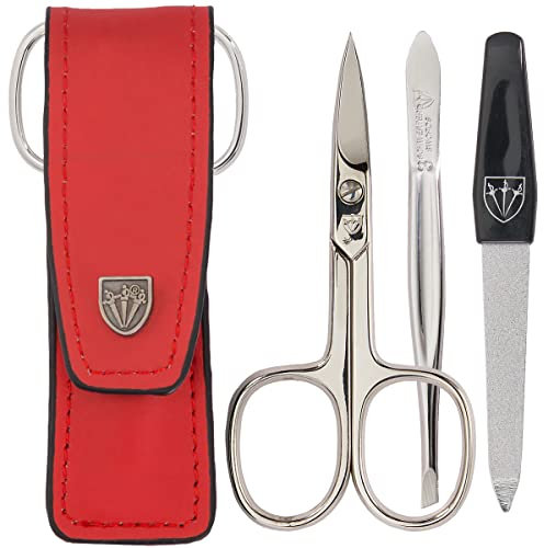3 Swords Germany - brand quality 3 piece manicure pedicure grooming kit set for professional finger & toe nail care scissors file genuine leather case in gift box, Made by 3 Swords (004185)