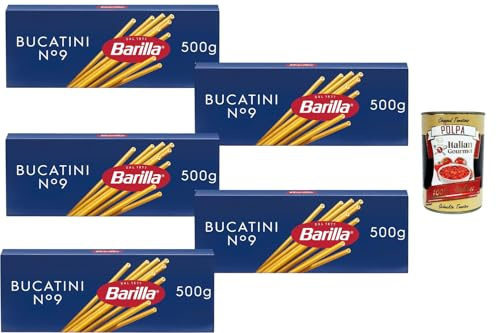Italian Gourmet Bundle Bucatini Nr. 9 5x 500g + Italian Gourmet Polpa Gratis – Italienische Pasta mit Loch, lange Röhrennudeln für Amatriciana, Carbonara, Tomatensauce, Ragù, Ofenpasta, Familienküche