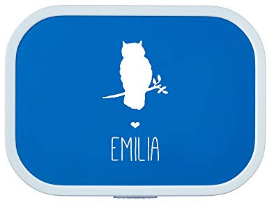 4youDesign Personalisierte blaue Brotdose -EULE Silhouette- mit Namen – inkl. Bento Box & Snack-Gabel für Schule & Kindergarten, Geschenk für Kinder (Blau)