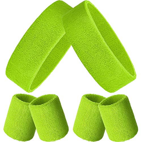 Bememo Schweißbänder Set, Enthaten Sport Stirnband und Schweißbänder Bunt Handgelenk Schweißband aus Baumwolle für Männer und Damen (Fluoreszierendes Grün, 6 Stücke)