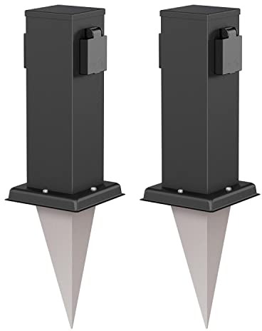 ledscom.de 2 Stück Garten-Steckdosen-Säule Polly mit Erdspieß für außen, IP44, 2-Fach, Edelstahl, eckig, schwarz, 27cm