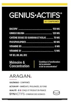 Geniusactifs - Mémoire & Concentration - Ginkgo Biloba, Vitamines, Cafeine, Guarana & Vitamines - 30 comprimés - Aragan - 15 Jours De Prise