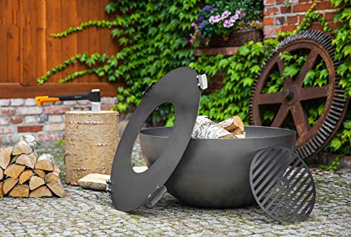 BlackOrange Designer Feuerschale Moon Ø 85 cm mit Plancha - Feuerplatte aus Stahl Ø 82 cm und herausnehmbarem Grillrost Ø 40 cm, sowie 4 angeschweißte Sicherungsklappen/Haltegriffen